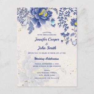 Elegant Waterverf Blue Floral Botanical Wedding Briefkaart