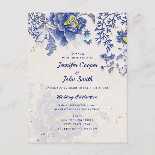 Elegant Waterverf Blue Floral Botanical Wedding Briefkaart (Voorkant)