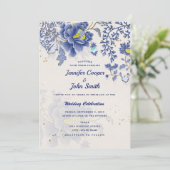 Elegant Waterverf Blue Floral Botanical Wedding Kaart (Staand voorkant)