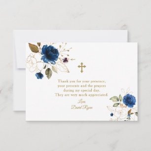Elegant Waterverf Blue Floral Gold Baptisme Bedankkaart