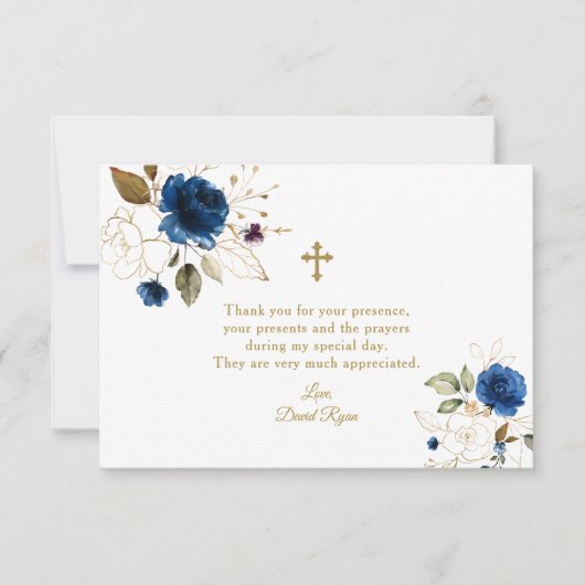Elegant Waterverf Blue Floral Gold-bevestiging Bedankkaart (Voorkant)
