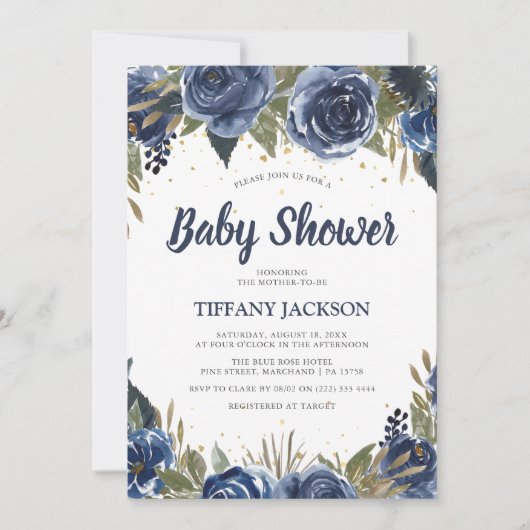 Elegant Waterverf Blue Florals Baby shower Kaart (Voorkant)