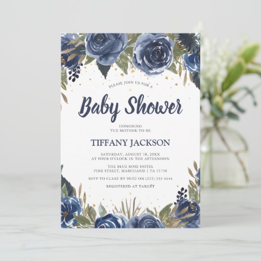 Elegant Waterverf Blue Florals Baby shower Kaart (Staand voorkant)