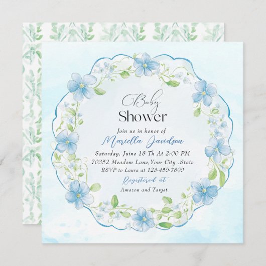 Elegant Waterverf Blue Flowers Baby shower Kaart (Voorkant / Achterkant)