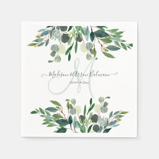 Elegant Waterverf Blue Gum Eucalyptus Monogram Servet (Voorkant)