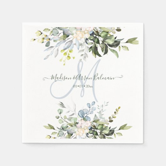 Elegant Waterverf Blue Gum Eucalyptus Monogram Servet (Voorkant)