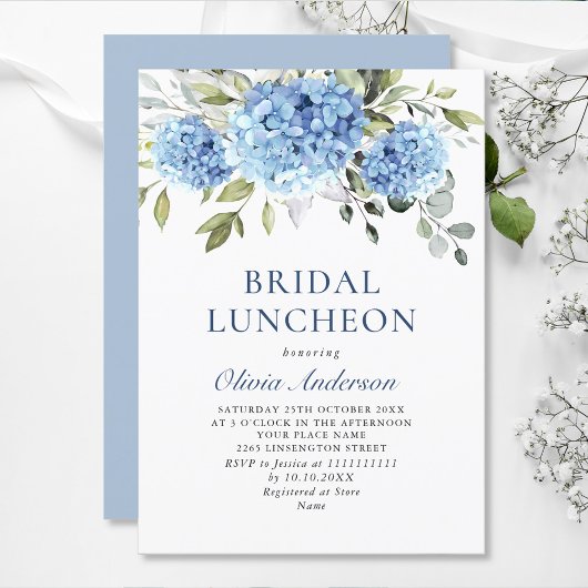 Elegant Waterverf Blue Hydrangea BRIDAL LUNCHEON Kaart