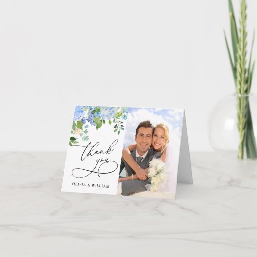 Elegant Waterverf Blue Hydrangea Floral Foto Bedankkaart (Voorkant)