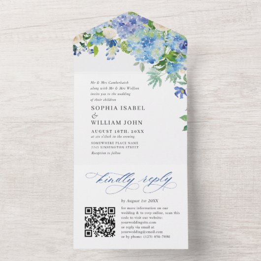 Elegant Waterverf Blue Hydrangea Floral Wedding All In One Uitnodiging (Binnen)