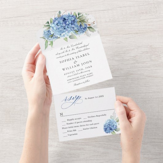 Elegant Waterverf Blue Hydrangea Floral Wedding All In One Uitnodiging (Afscheurbaar)