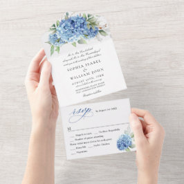 Elegant Waterverf Blue Hydrangea Floral Wedding All In One Uitnodiging