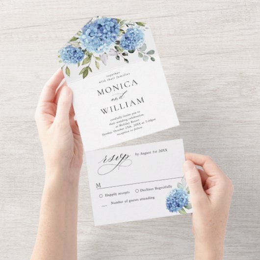 Elegant Waterverf Blue Hydrangea Floral Wedding All In One Uitnodiging (Afscheurbaar)