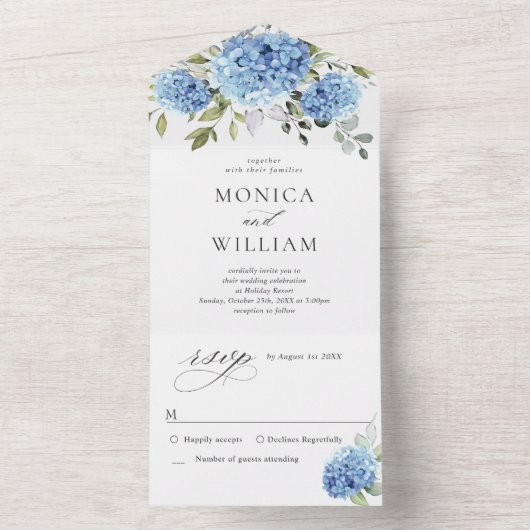 Elegant Waterverf Blue Hydrangea Floral Wedding All In One Uitnodiging (Binnen)