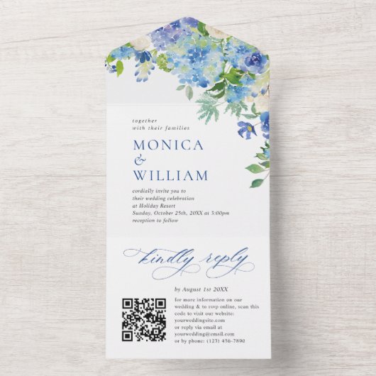Elegant Waterverf Blue Hydrangea Floral Wedding All In One Uitnodiging (Binnen)