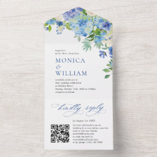 Elegant Waterverf Blue Hydrangea Floral Wedding All In One Uitnodiging