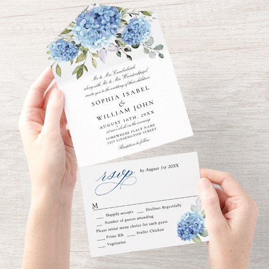 Elegant Waterverf Blue Hydrangea Floral Wedding All In One Uitnodiging