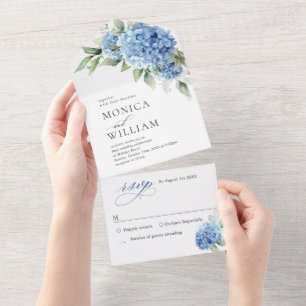 Elegant Waterverf Blue Hydrangea Floral Wedding All In One Uitnodiging