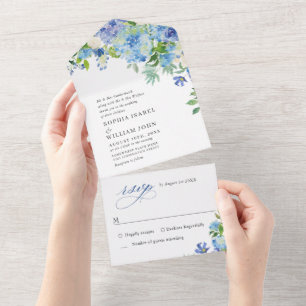Elegant Waterverf Blue Hydrangea Floral Wedding All In One Uitnodiging