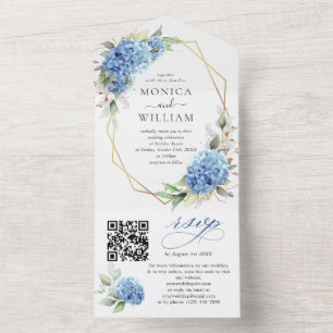 Elegant Waterverf Blue Hydrangea Floral Wedding All In One Uitnodiging
