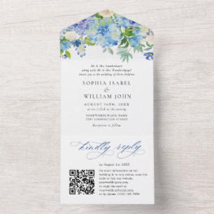 Elegant Waterverf Blue Hydrangea Floral Wedding All In One Uitnodiging