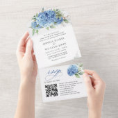 Elegant Waterverf Blue Hydrangea Floral Wedding All In One Uitnodiging (Afscheurbaar)