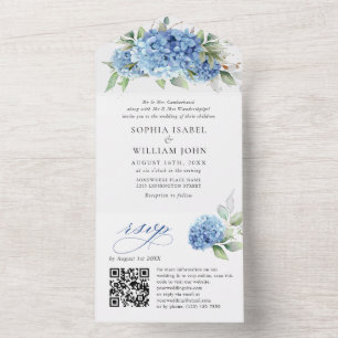 Elegant Waterverf Blue Hydrangea Floral Wedding All In One Uitnodiging
