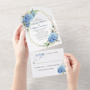 Elegant Waterverf Blue Hydrangea Floral Wedding All In One Uitnodiging