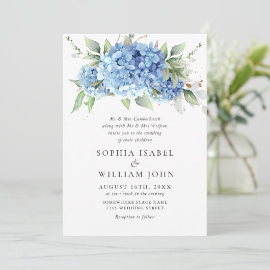 Elegant Waterverf Blue Hydrangea Floral Wedding Kaart (Staand voorkant)