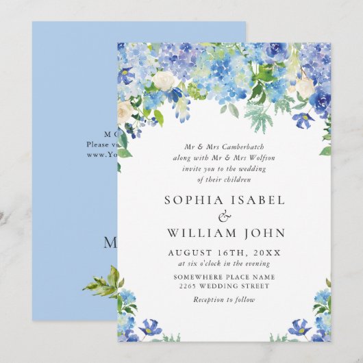 Elegant Waterverf Blue Hydrangea Floral Wedding Kaart (Voorkant / Achterkant)
