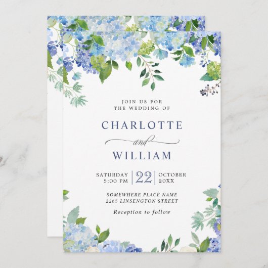 Elegant Waterverf Blue Hydrangea Floral Wedding Kaart (Voorkant / Achterkant)