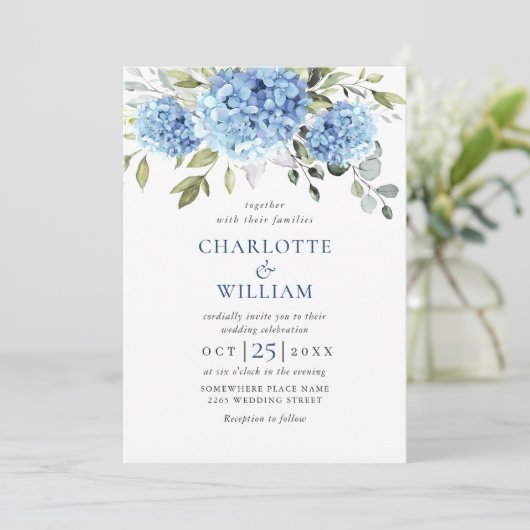 Elegant Waterverf Blue Hydrangea Floral Wedding Kaart (Staand voorkant)