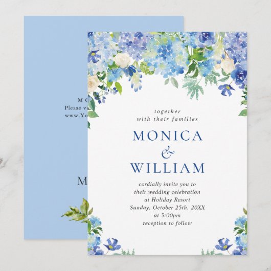 Elegant Waterverf Blue Hydrangea Floral Wedding Kaart (Voorkant / Achterkant)