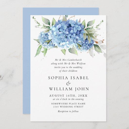 Elegant Waterverf Blue Hydrangea Floral Wedding Kaart (Voorkant / Achterkant)