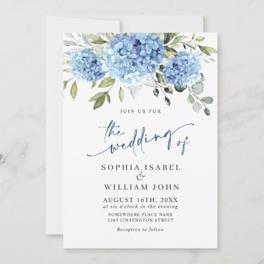 Elegant Waterverf Blue Hydrangea Floral Wedding Kaart (Voorkant)