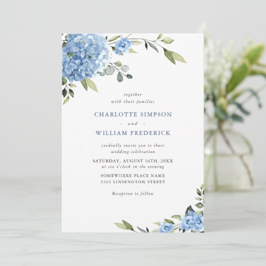 Elegant Waterverf Blue Hydrangea Floral Wedding Kaart (Staand voorkant)
