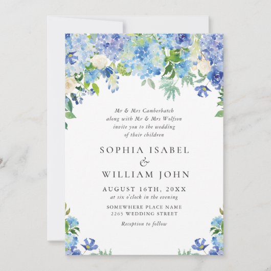 Elegant Waterverf Blue Hydrangea Floral Wedding Kaart (Voorkant)