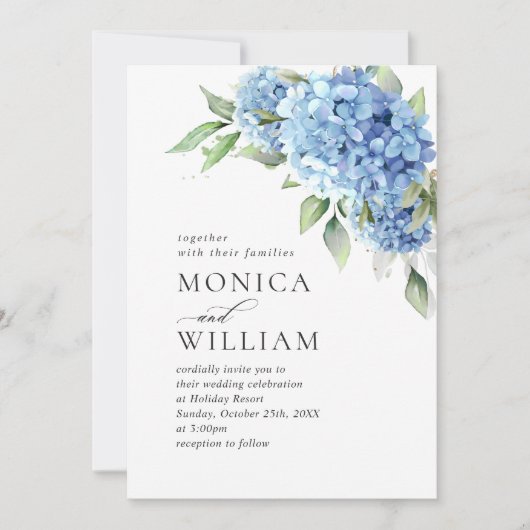 Elegant Waterverf Blue Hydrangea Floral Wedding Kaart (Voorkant)