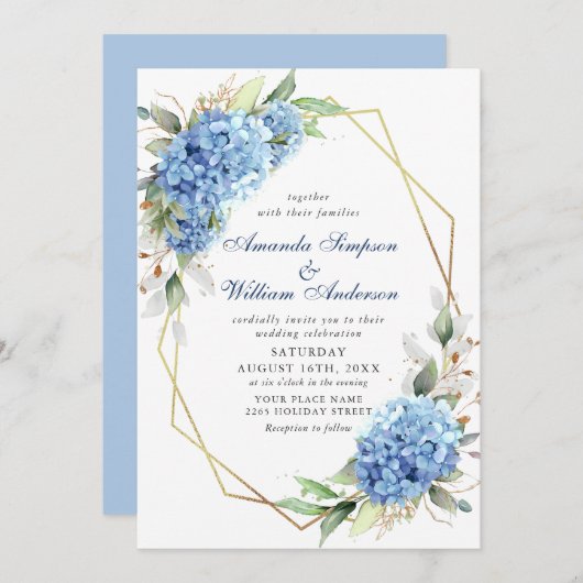 Elegant Waterverf Blue Hydrangea Floral Wedding Kaart (Voorkant / Achterkant)
