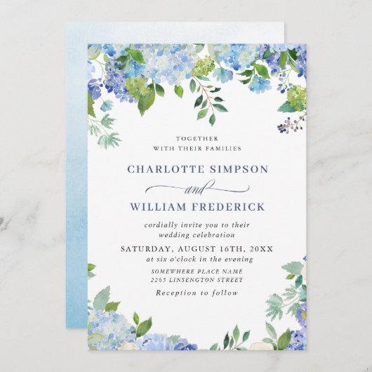 Elegant Waterverf Blue Hydrangea Floral Wedding Kaart (Voorkant / Achterkant)