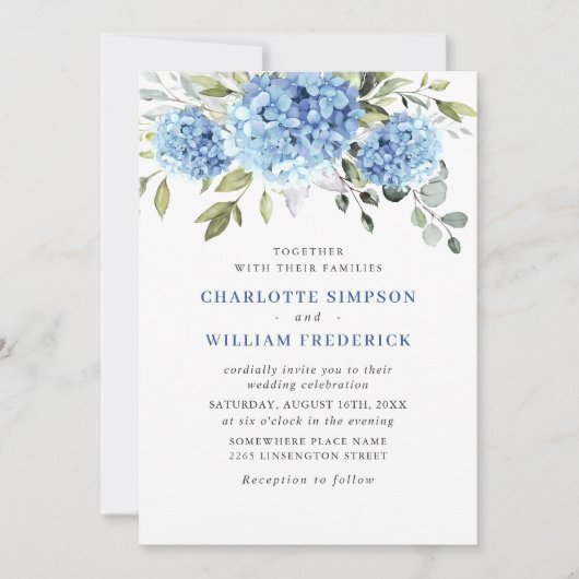 Elegant Waterverf Blue Hydrangea Floral Wedding Kaart (Voorkant)