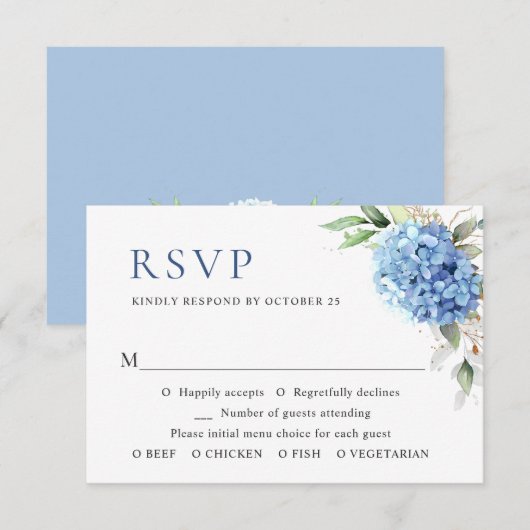 Elegant Waterverf Blue Hydrangea Floral Wedding RSVP Kaartje (Voorkant / Achterkant)