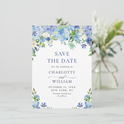 Elegant Waterverf Blue Hydrangea Floral Wedding Save The Date (Staand voorkant)