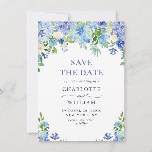 Elegant Waterverf Blue Hydrangea Floral Wedding Save The Date (Voorkant)