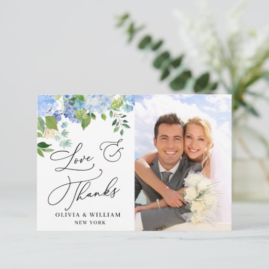 Elegant Waterverf Blue Hydrangea Foto Bedankkaart (Staand voorkant)