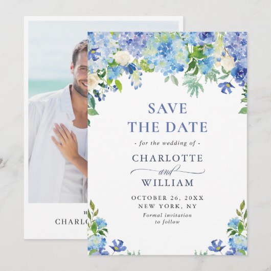 Elegant Waterverf Blue Hydrangea PHOTO Wedding Save The Date (Voorkant / Achterkant)