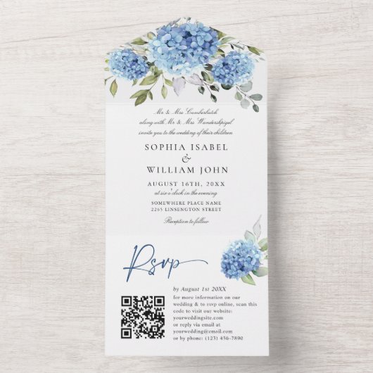 Elegant Waterverf Blue Hydrangea QR Code Weddensch All In One Uitnodiging (Binnen)