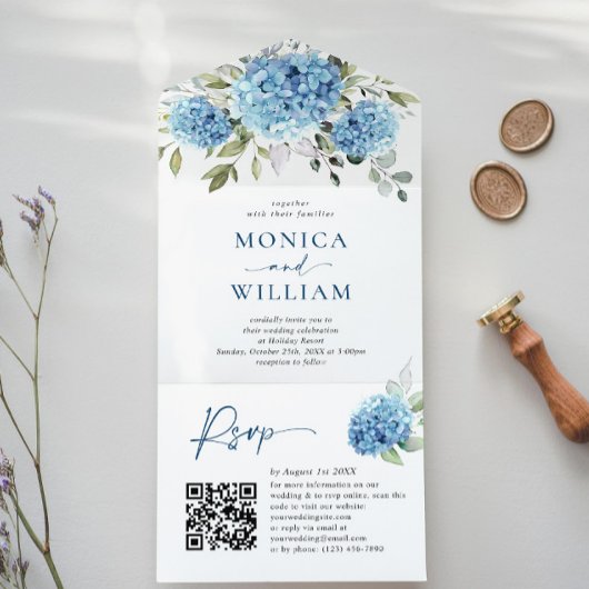 Elegant Waterverf Blue Hydrangea QR Code Weddensch All In One Uitnodiging