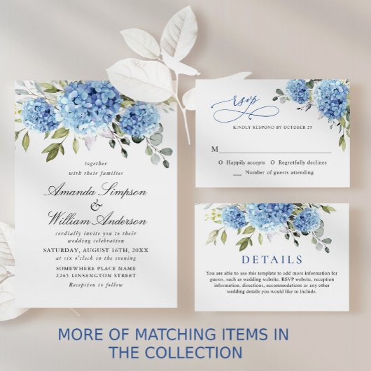 Elegant Waterverf Blue Hydrangea QR Code Weddensch All In One Uitnodiging