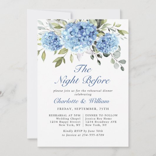 Elegant Waterverf Blue Hydrangea Rehearsal Dinner Kaart (Voorkant)