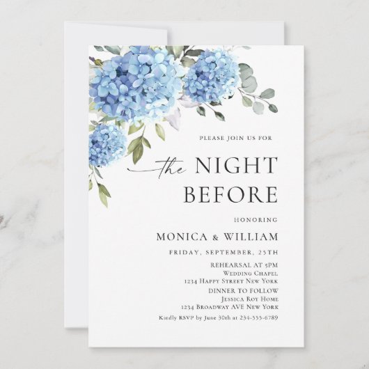Elegant Waterverf Blue Hydrangea Rehearsal Dinner Kaart (Voorkant)